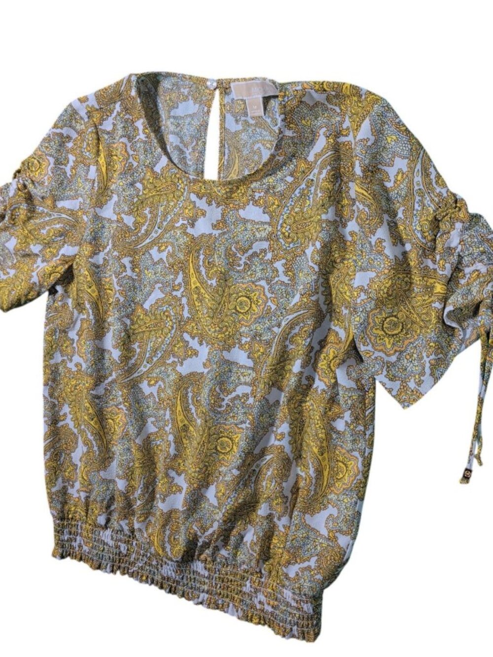 Michael Kors Womens M White Gold Paisley Print Elbow Sleeve Keyhole Top Blouse